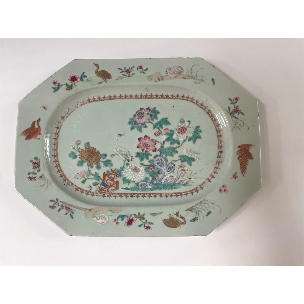 Antique 18thC Chinese Export Famille Rose Qing Dynasty Octagonal Platter Crane